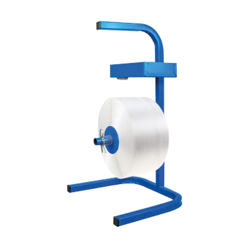 blauwe haspel voor omsnoeringsband met een bakje en zonder wieltjes, geschikt voor omsnoeringsband met een kern van 76 mm