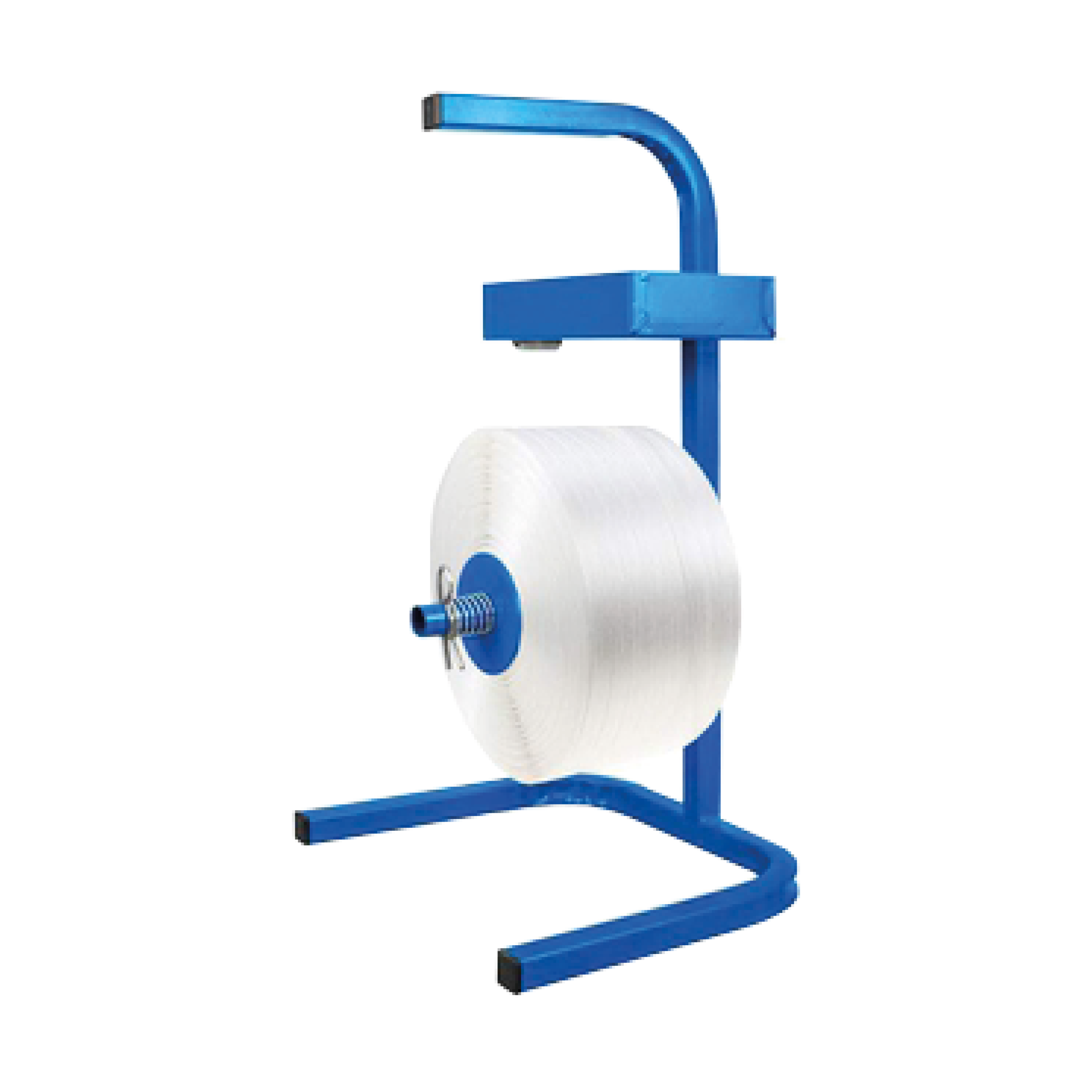 blauwe haspel voor omsnoeringsband met een bakje en zonder wieltjes, geschikt voor omsnoeringsband met een kern van 76 mm
